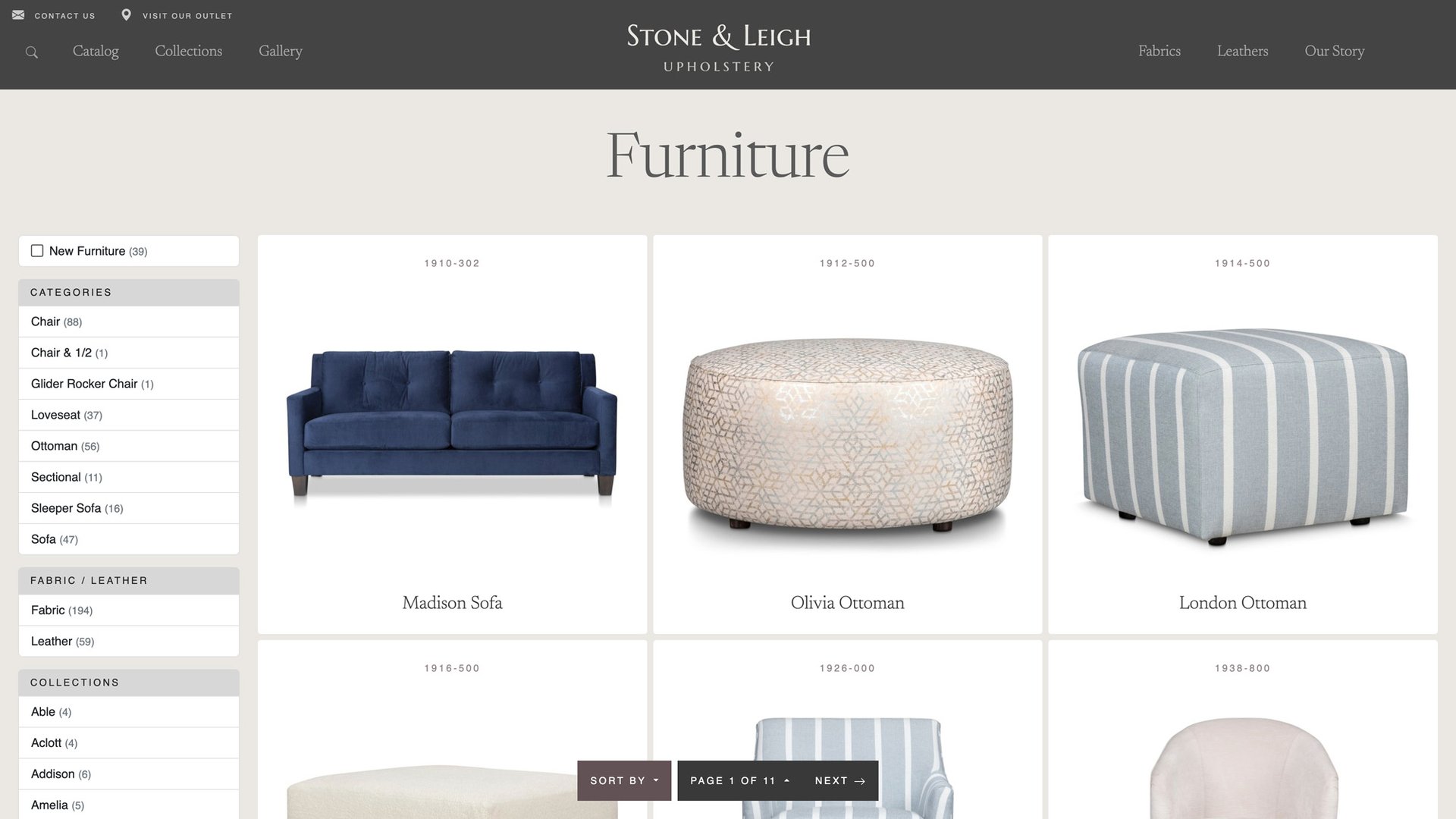 Stone & Leigh Custom Furniture Website - furniture list page