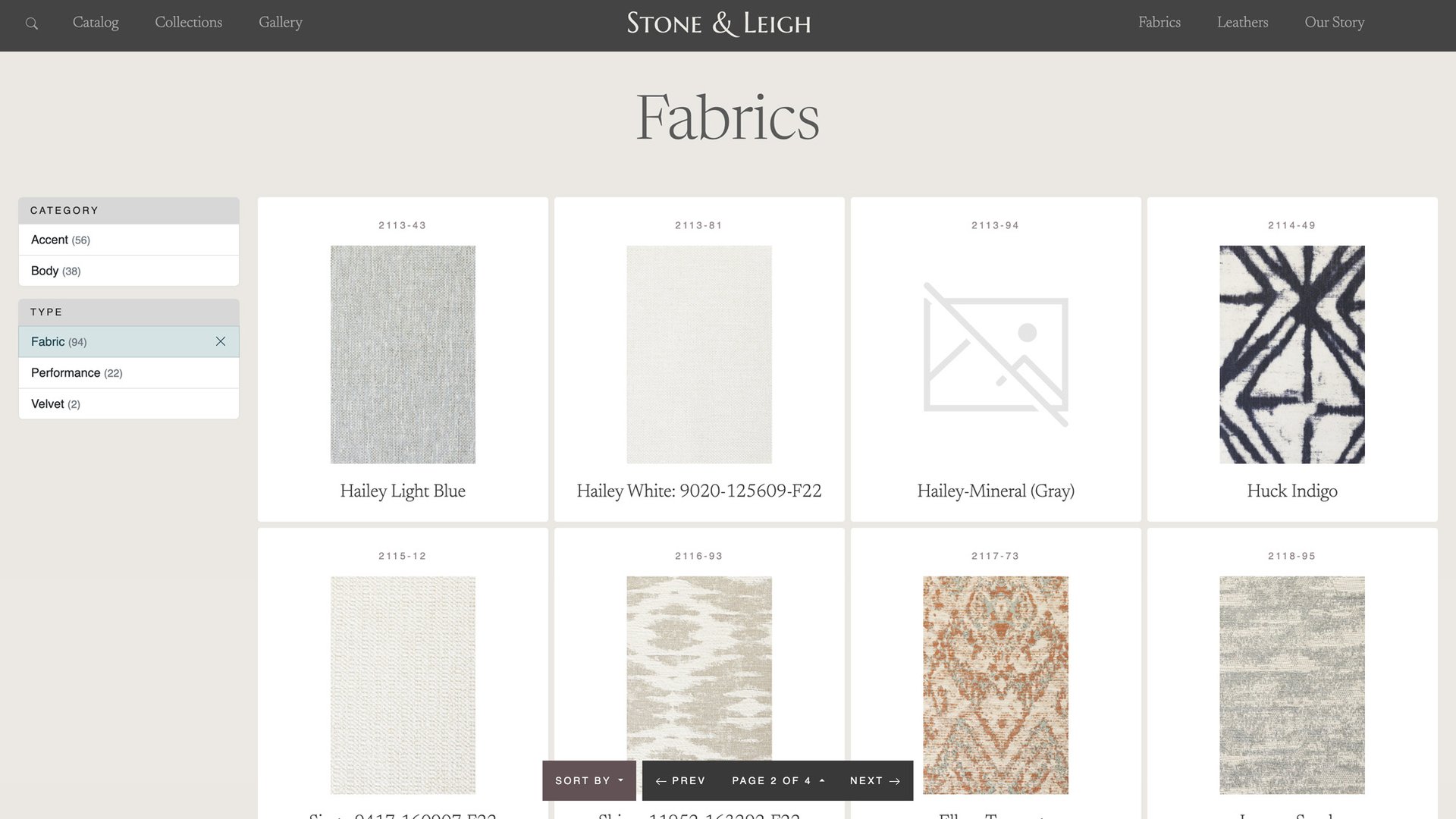 Stone & Leigh Custom Furniture Website - fabric list page