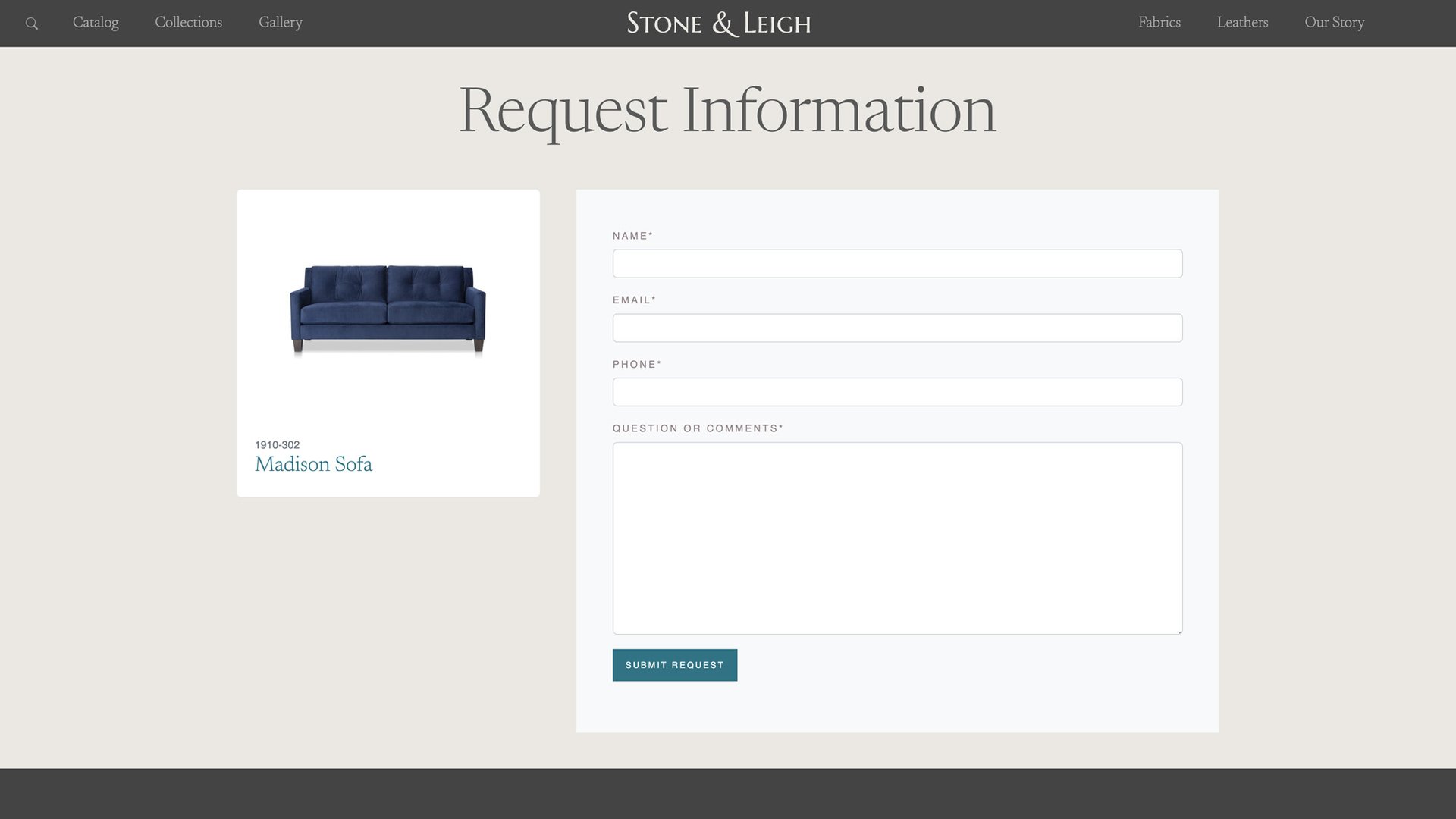 Stone & Leigh Custom Furniture Website - request info page
